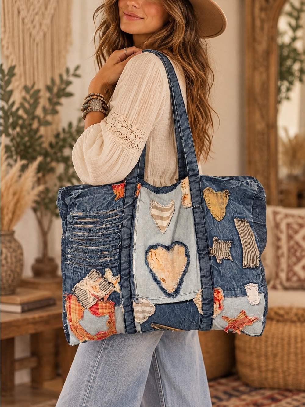NWT POL Patchwork Denim Tote Bag - 19" across , 15" high ☮️ ❤️ ✨